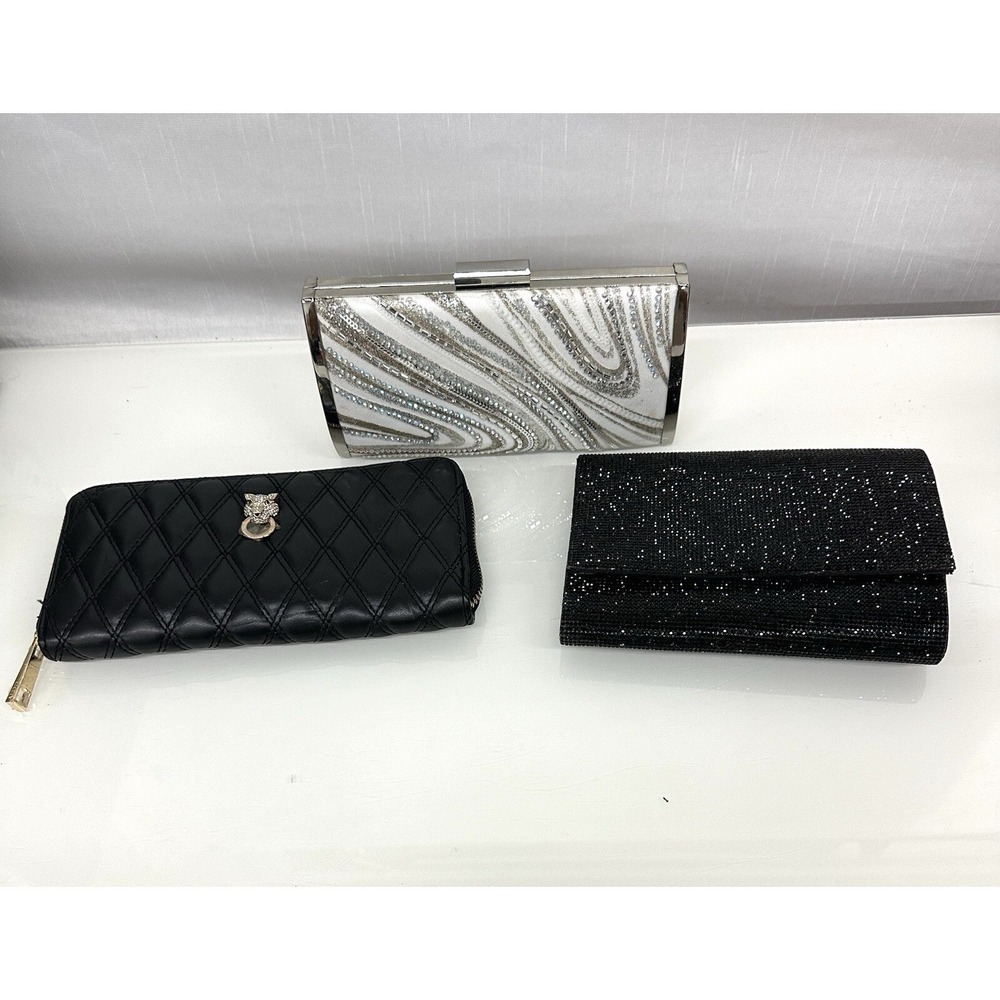 ALDO Wallet Set of 3 Black Silver Metallic‎ Clutch Purse Chain Strap Dressy